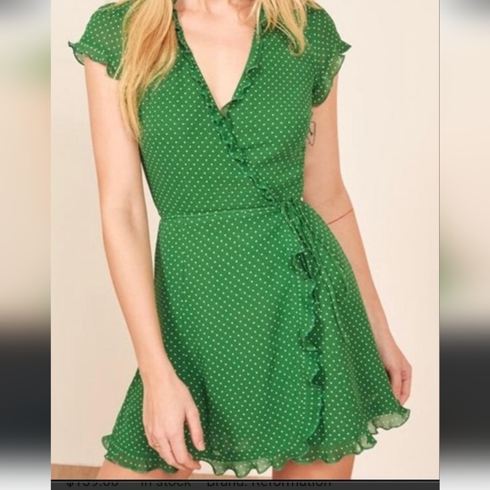 REFORMATION SICILIA GREEN MINI WRAP DRESS WITH WHITE POLKA DOTS;SIZE: XS